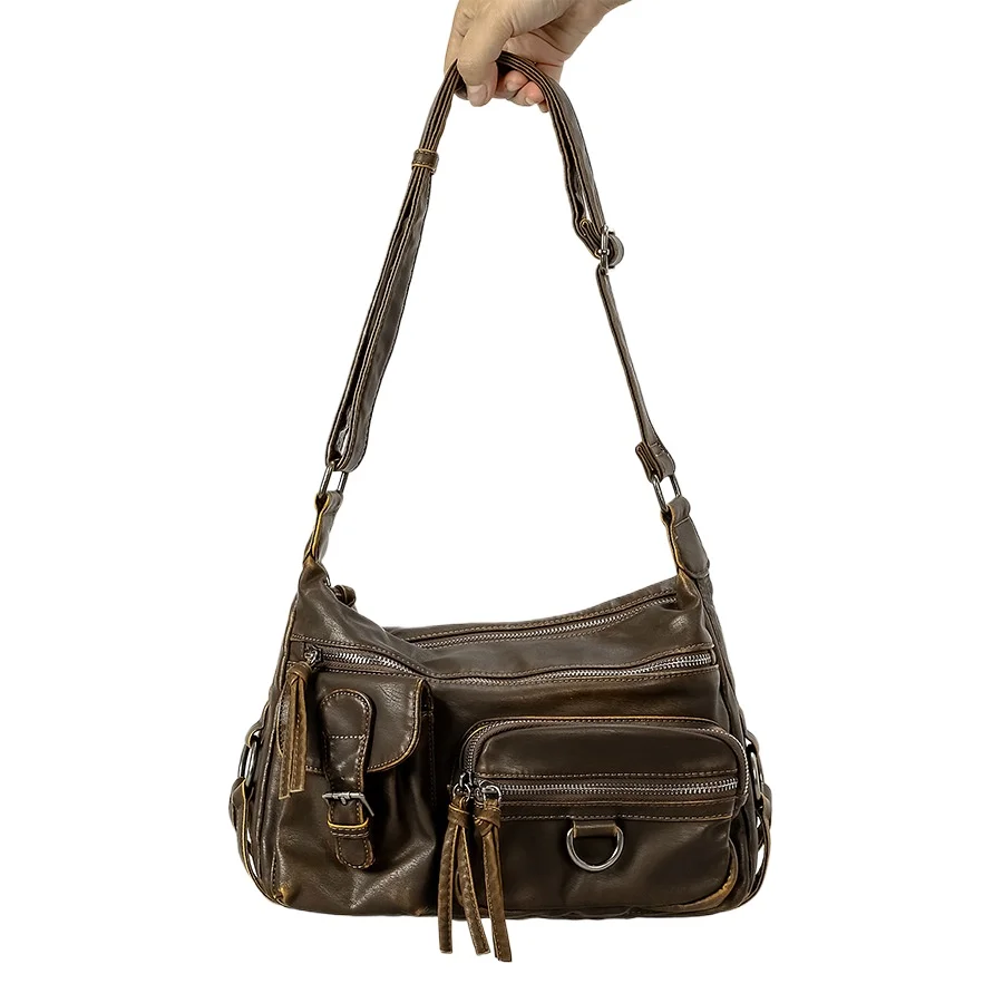 

Ретро-сумка через плечо для мотоциклистов, большая вместимость, коричневая, в стиле Y2K, для модниц, с множеством карманов, из мягкой мытой искусственной кожи, для поездок на работу, кроссбоди