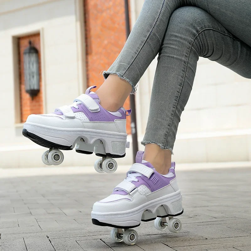 

Kid Deform Roller Skate Shoes With 2/4 Wheels Runaway Parkour Deformation 4-Wheel Skates Sneakers For Women Men Youth Adult Gift