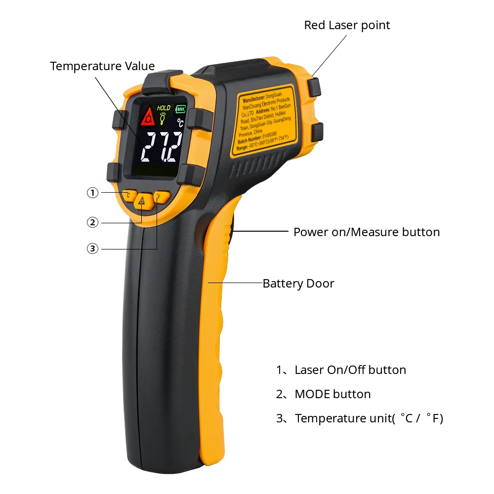 Digital Infrared Thermometer Laser Temperature Meter Non-contact Pyrometer Imager Hygrometer IR Termometro Color LCD Light Alarm