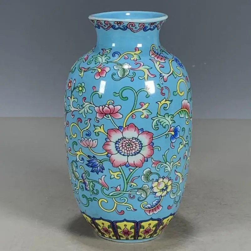 Chinese Blue Famille Rose Porcelain Qing Qianlong Lotus Pattern Vase 5.78 Inch