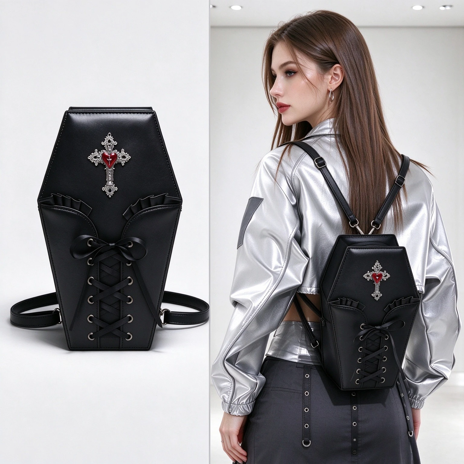 Coffin Shape Handbag for Women, Gothic Cross Red Heart Shoulder Bag, Lace Up Punk Style Crossbody Bag, Backpack Tote Daily