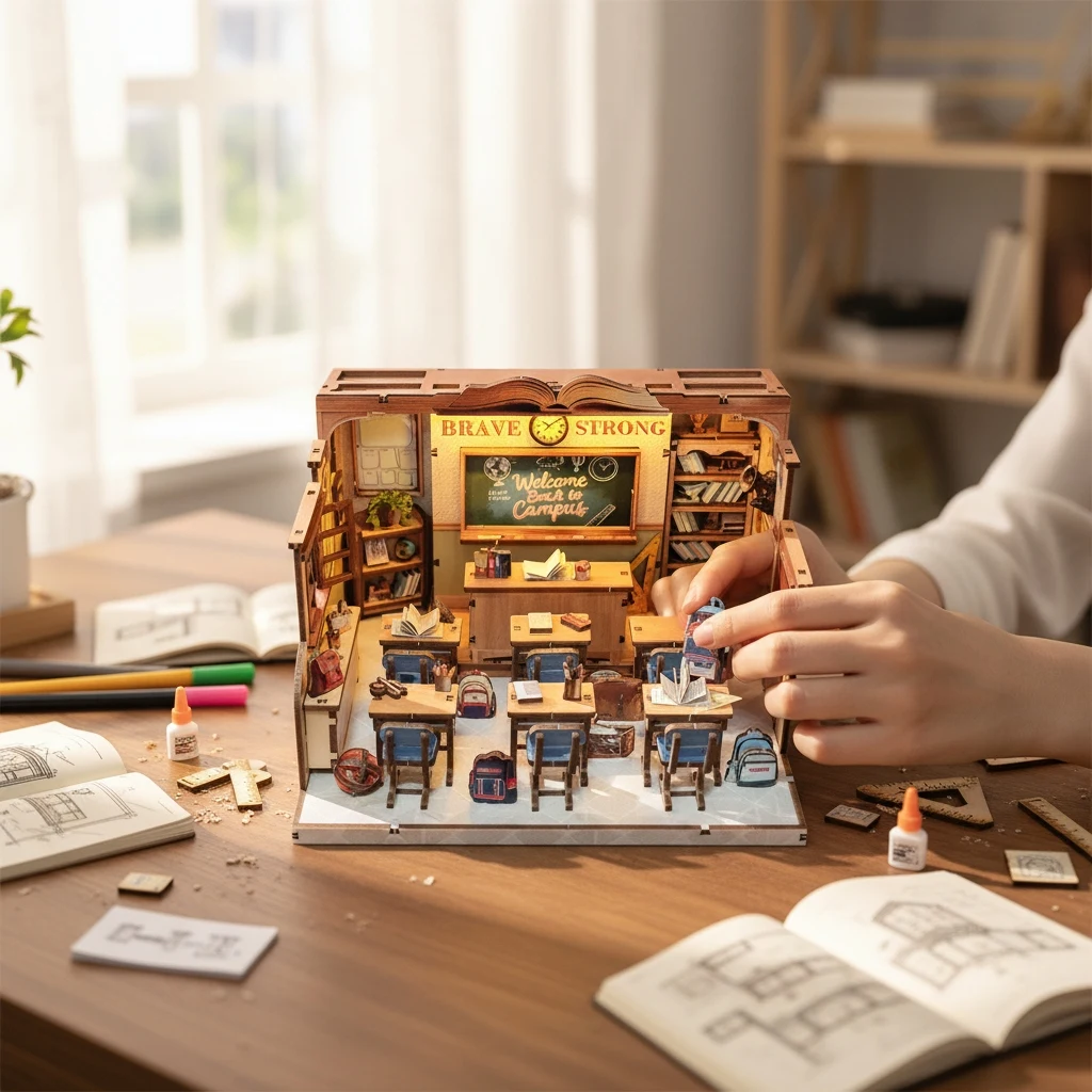 OUZEY 3D houten "Student Days" poppenhuis DIY Kit - miniatuur klaslokaalmodel met meubilair, nostalgisch cadeau voor vrienden