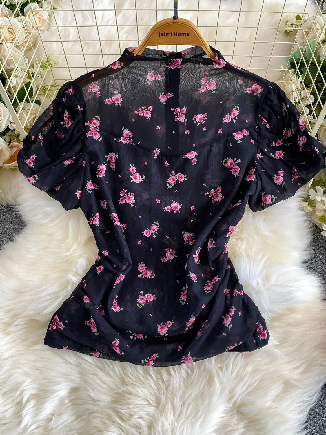 

Romantic Floral Print Bubble Sleeve Shirt Women's Summer Fashion Slimming Cardiwaist Gauze Top Sweet Girl's Style Korean Commute