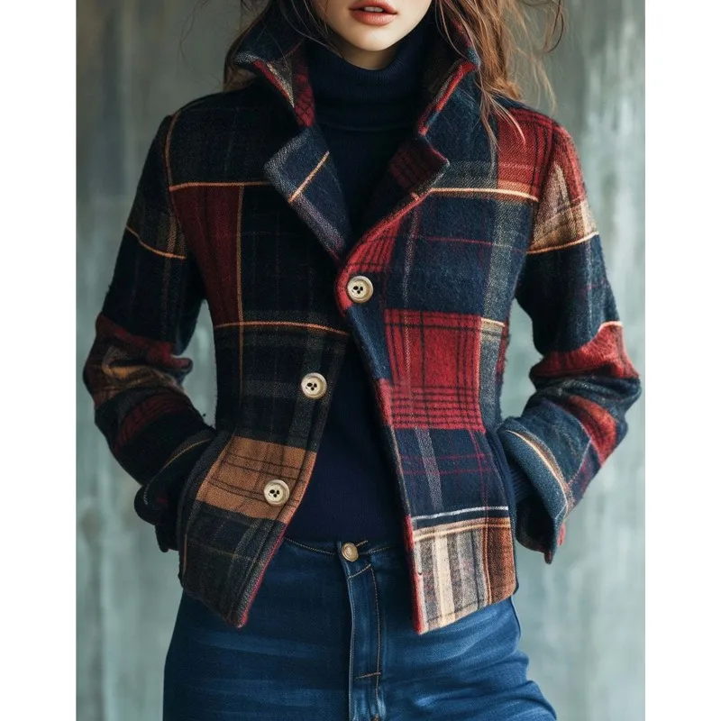 Retro Plaid Autumn Winter Warm Jacket Woman's Fashion Stand Collar Splicing Single Breasted Long Sleeve Coat Pocket Lady Outwear