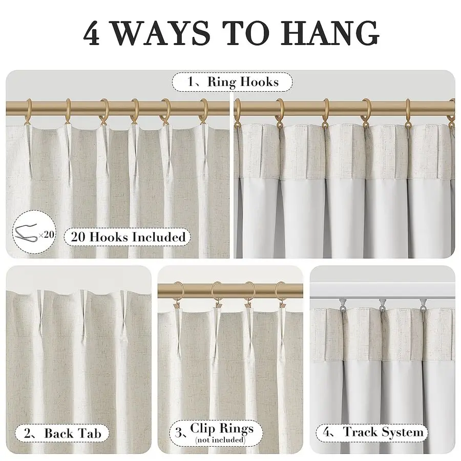 Cortinas de Linho Bege Natural com Pregas Plissadas, 84 Polegadas de Comprimento, 2 Painéis, 100% Opacas, Estilo Boho Neutro Creme