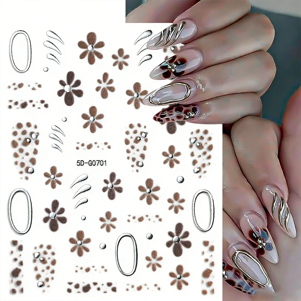 

1pc 5D Metal Silver Brown Floral Nail Stickers French Leopard Print Flower Adhesive Nail Decal Spring Flower DIY Nail Decoartion
