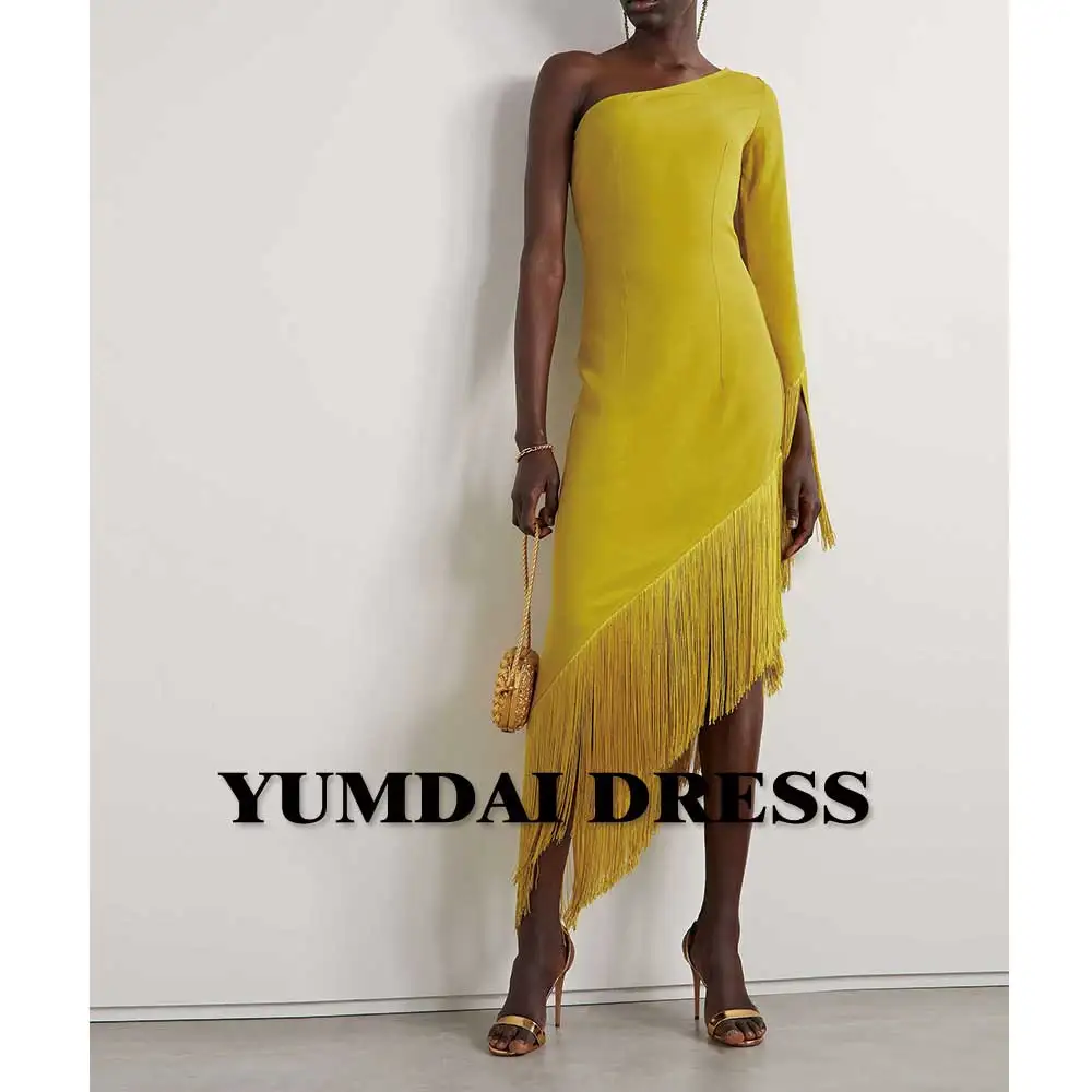 YUMDAI-vestido de noche Midi de un hombro para mujer, prenda de lujo con borlas amarillas de Dubái, manga larga, para ocasión especial de regreso a casa, 2024