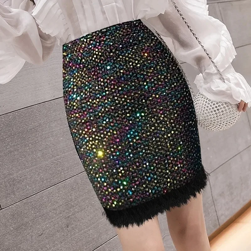 Sequins Elastic Sheath Skirt Women Sexy Short Skirts Autumn Winter Tassels Raw-edge Stretch Skinny Pencil Skirts Lady Streetwear