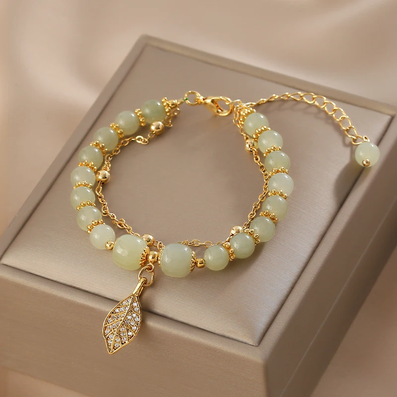 Hetian Jasper Golden Branch Jade Leaves Armbänder für Frauen, luxuriöses doppellagiges Perlenarmband, Party, Hochzeit, Schmuck, Geschenk