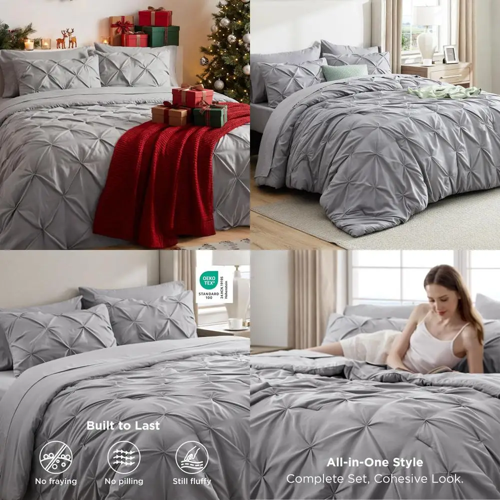 

Серый комплект постельного белья размера Queen из 7 предметов, стеганое одеяло Pintuck для всей семьи, всесезонный комплект с простынями, наволочками и декоративными наволочками.