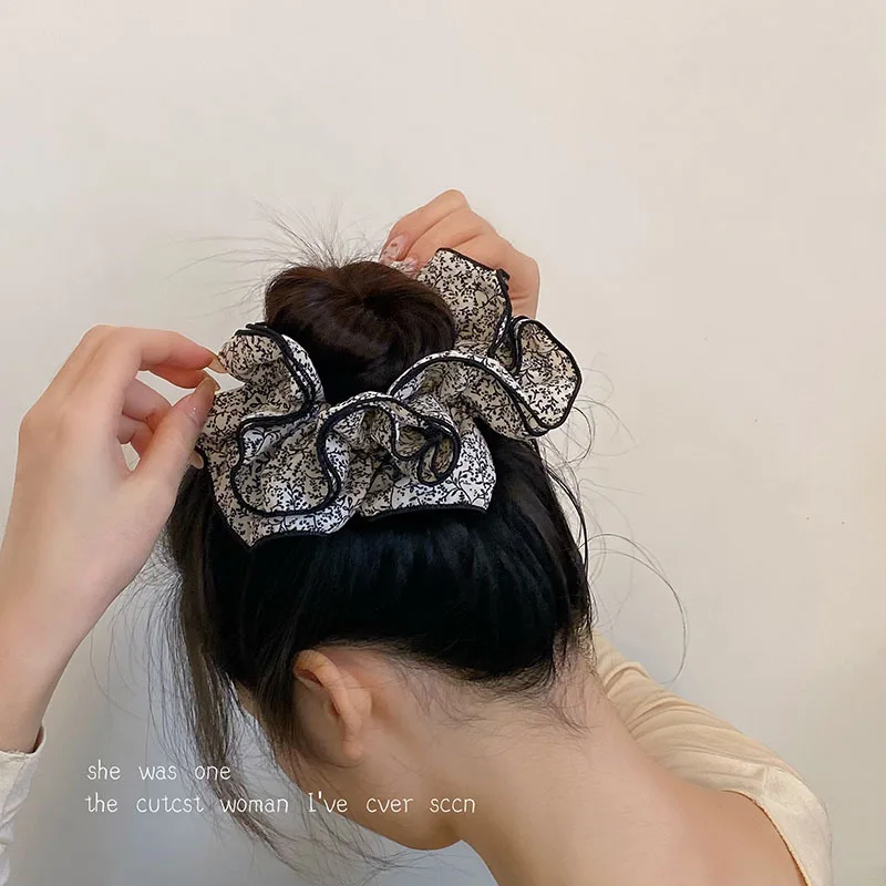 

Vintage Floral Print Double Layer Scrunchies Big Hair Ties Elastic Hair Bands For Girls Women High Ponytail Holder Fashion Hair