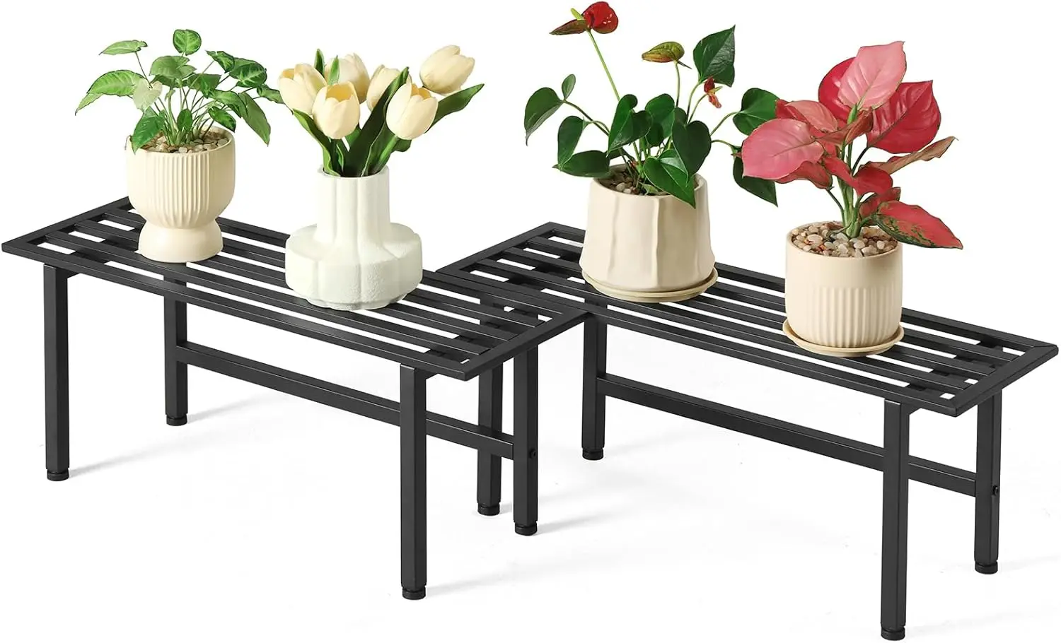 

2 Pack Heavy Duty Metal Plant Stands Indoor Outdoor, 1 Tier Shelf for Multiple Plants, 26" L x 10.12" H x 8.75" W, Black