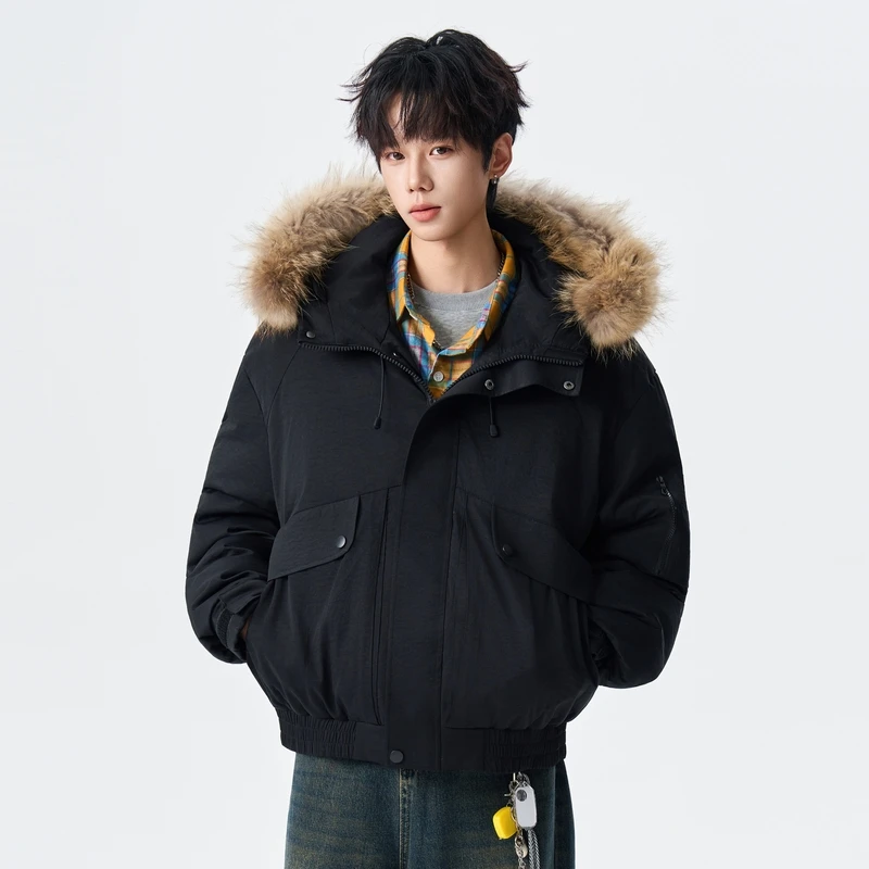 

American Retro Workwear down Jaet Men's Winter New Trend Loose Thi Warm Hooded Fur Collar Coat Youth ular Daily Wear