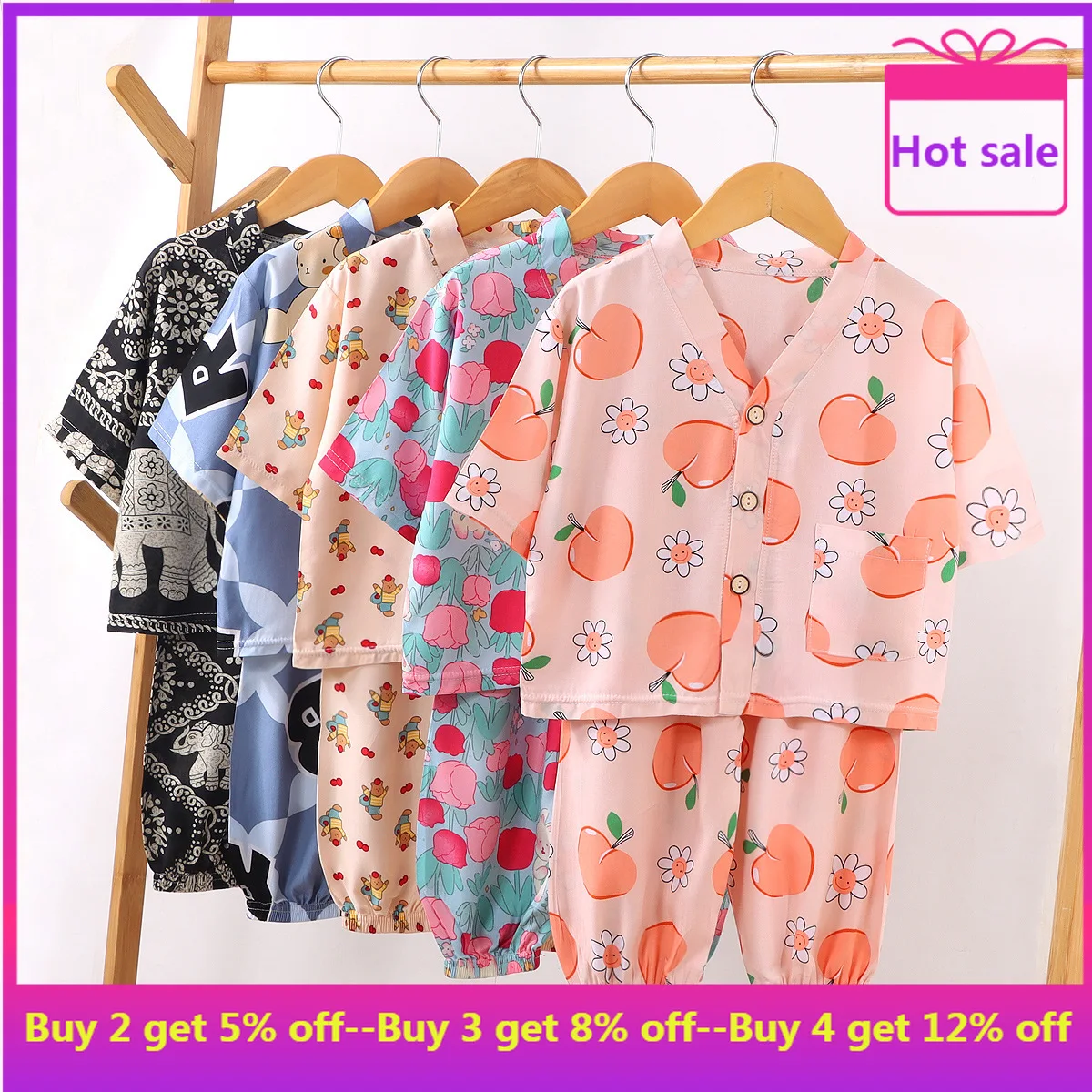 

Children's home wear silk suit summer boys and girls pajamas two sets of cotton silk air conditioning clothing for children