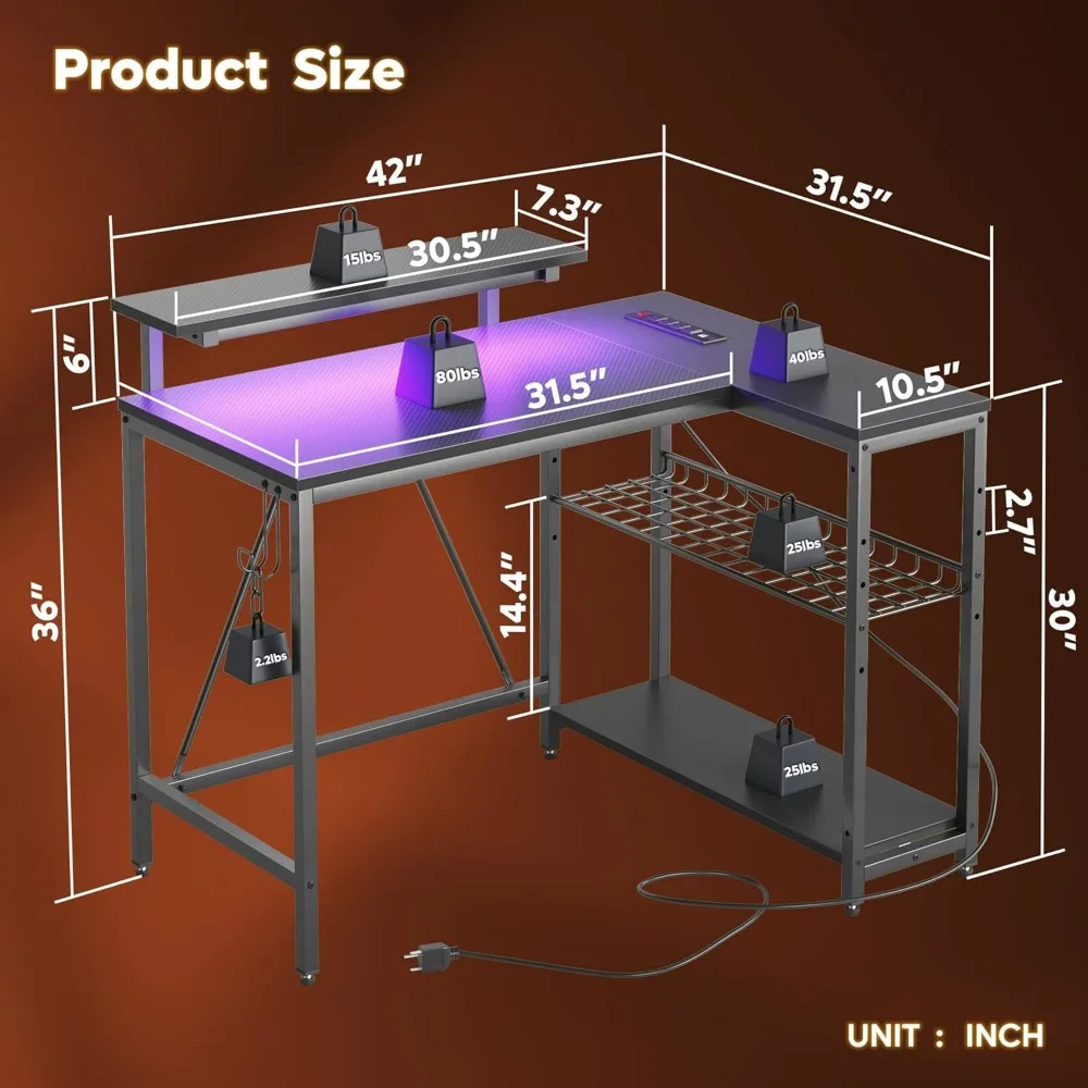 طاولة ألعاب صغيرة مع مخرج طاقة، مكتب كمبيوتر على شكل حرف L مع حامل رف قابل للعكس، مع منفذ شحن USB بخطاف سماعة الرأس