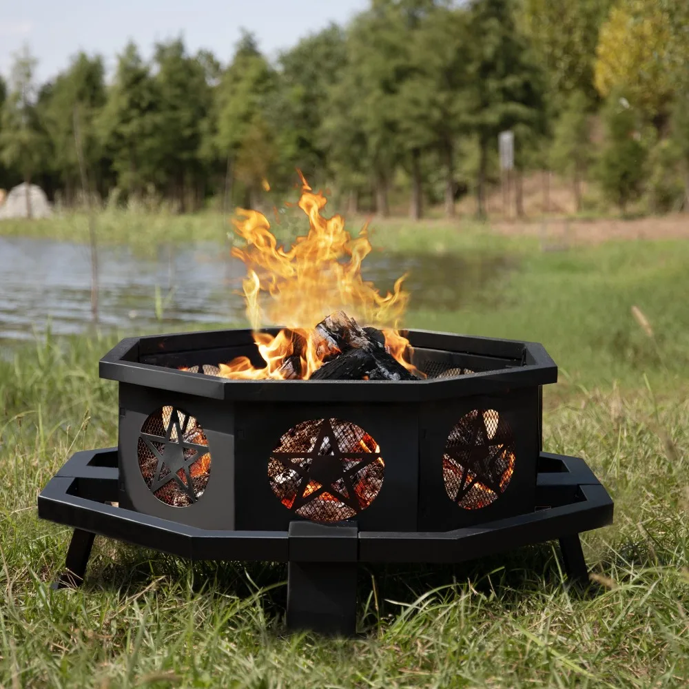 Outdoor 43 Inch Octagonal Fire Pit with Cooking Grill Black | Wood Burning Fire Pit with Fire Poker for Camping Picnic