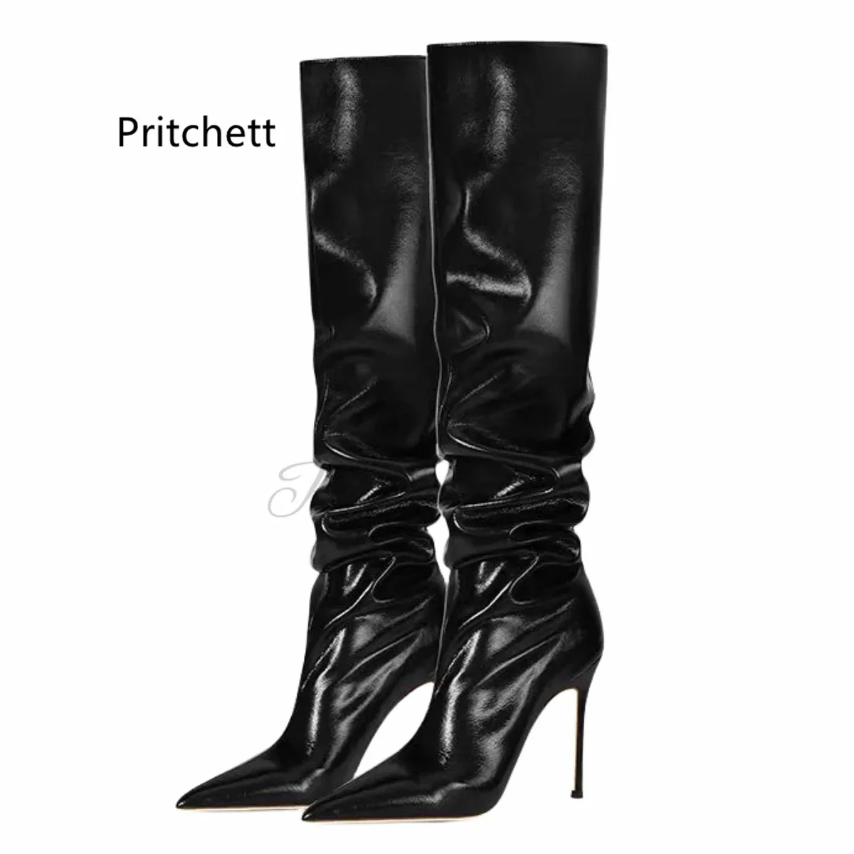 

Women's Black Pleated Over The Knee Boots High Heels Leather Solid Pointed Toe Stiletto Side Zip Long Boots Custom Shoes