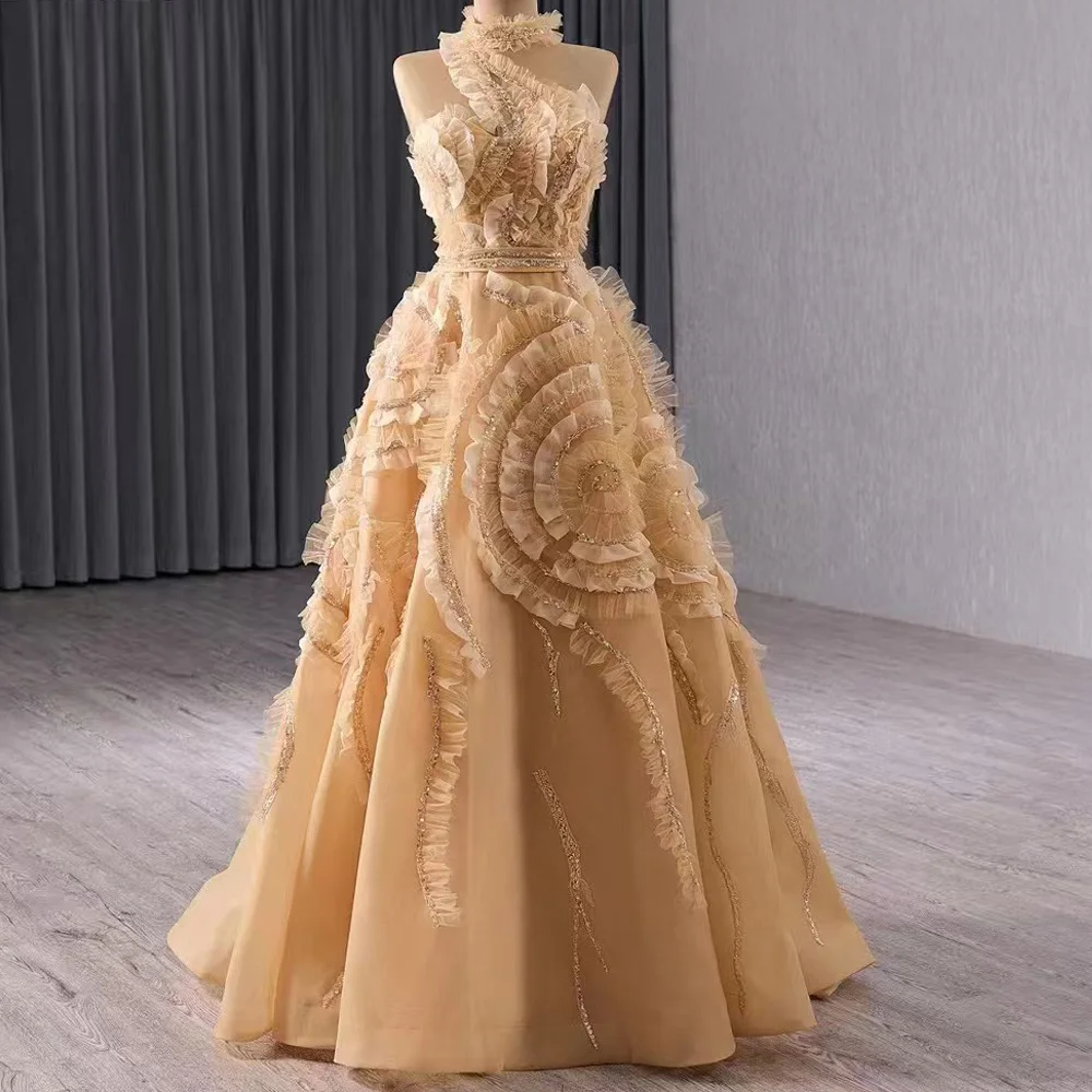 Luxury Halter Evening Dress Sleeveless Lace Up Back Sequined Customizable Robe De Soirée 2026
