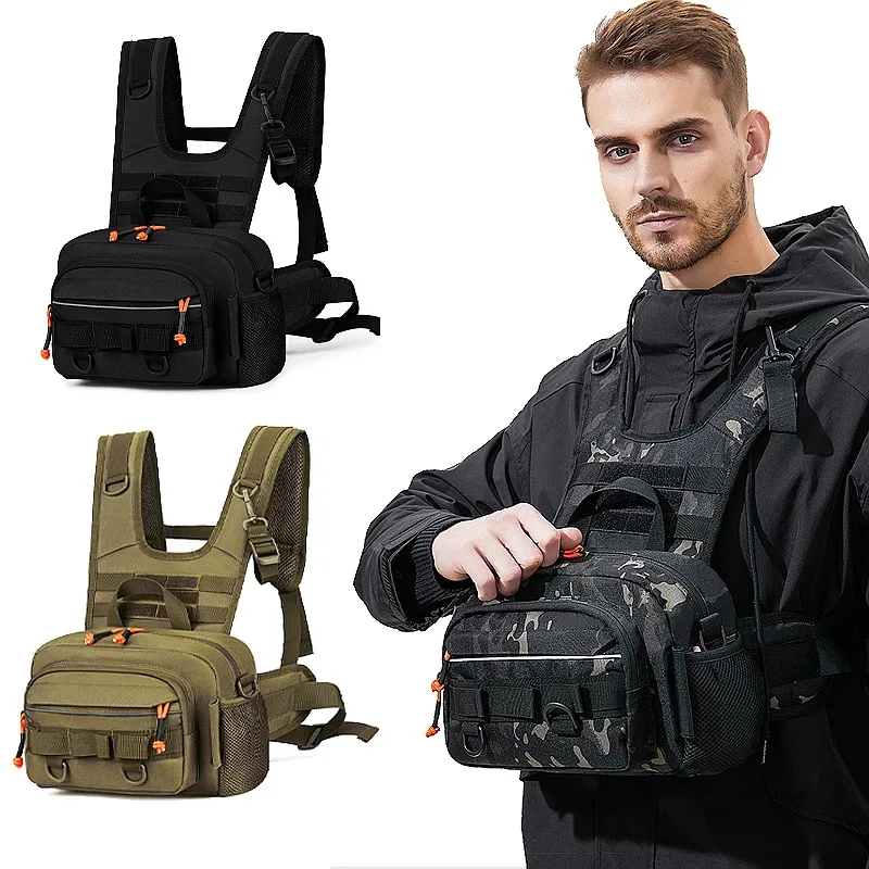 Tactical Fishing Backpack with Rod Holders Lure Chest Bag Molle Gear Storage Bag Outdoor Hiking Fanny Pack Hunting Rig Pouch Men