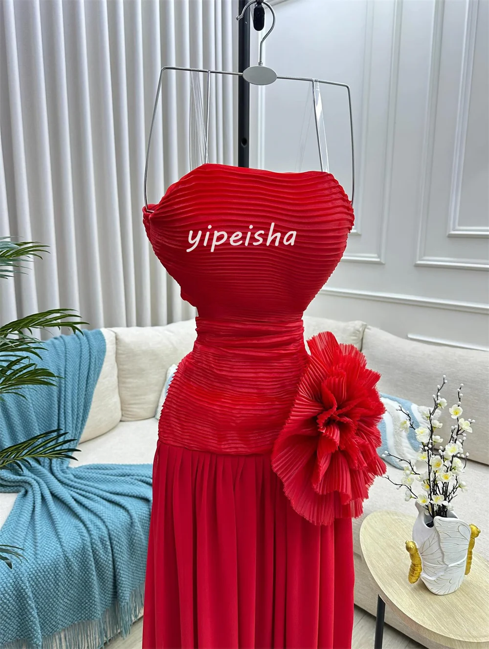 Vestidos largos sin tirantes rectos plisados de flores hechos a mano de gasa clásicos personalizados de alta calidad vestidos para ocasiones a medida elegantes