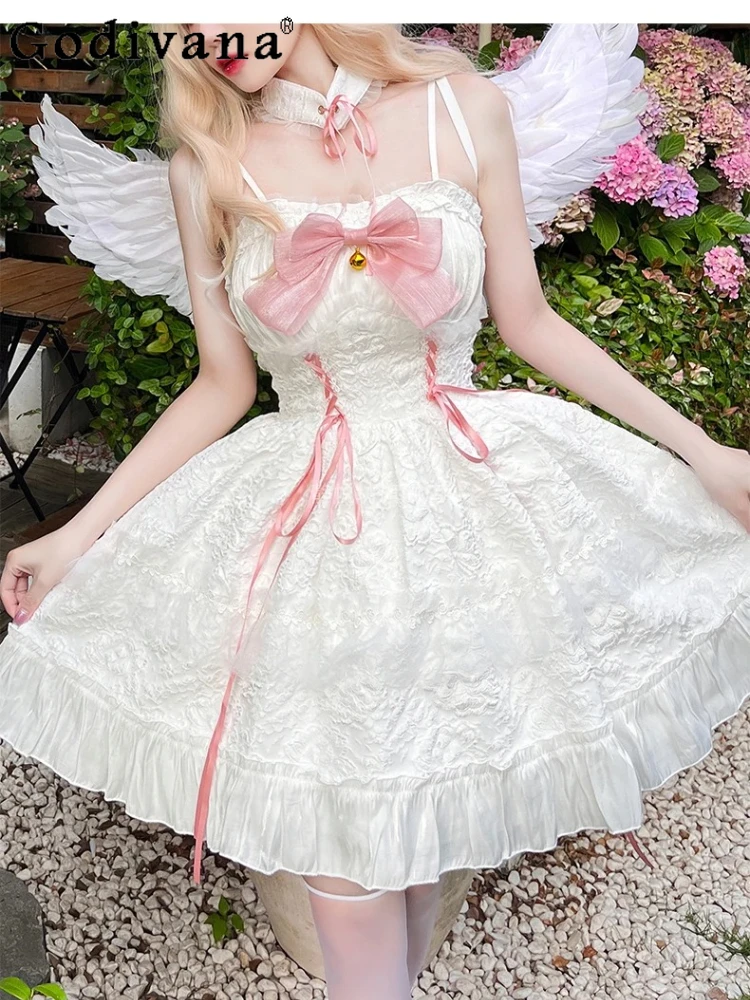 

Japanese Lolita Gothic Sweet Slash Neck Jsk Dress Spring Summer Girls High Waist Versatile Age Reduction Suspender Dresses