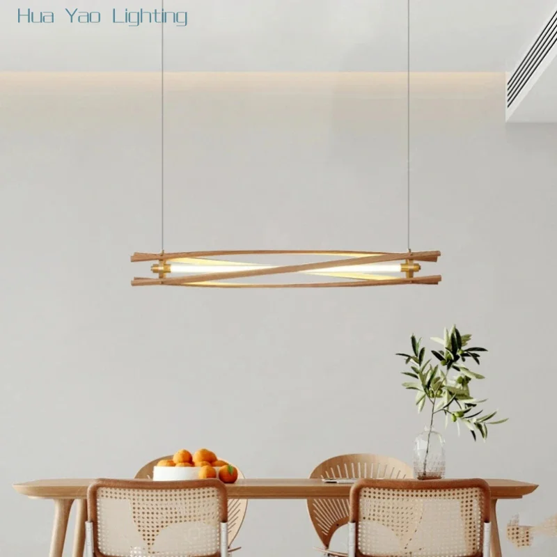 American Restaurant Lamp Medieval Retro Dining Room Bar Chandelier Long Strip Modern Simple High-end Walnut Color Lamp