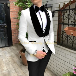 Veste à Revers et Pantalon en Glace pour Homme, Châle Blanc Trempé, Glasure Noire, Cérémonie de Remise de Diplôme, Mariage, Cocktail, Pâques, 3 Pièces