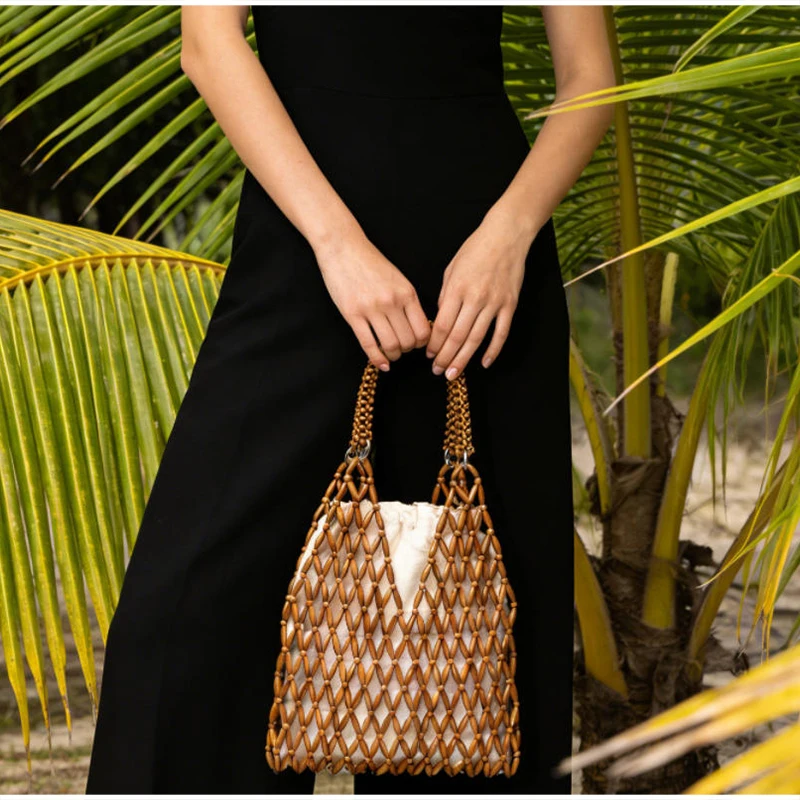 Ahornholz-Perlen-Handtasche, Damen Große Kapazität Hohle Strand-Urlaubstasche, Sommerliche Lässige Schicke Handgewebte Tragetasche – Detail 25