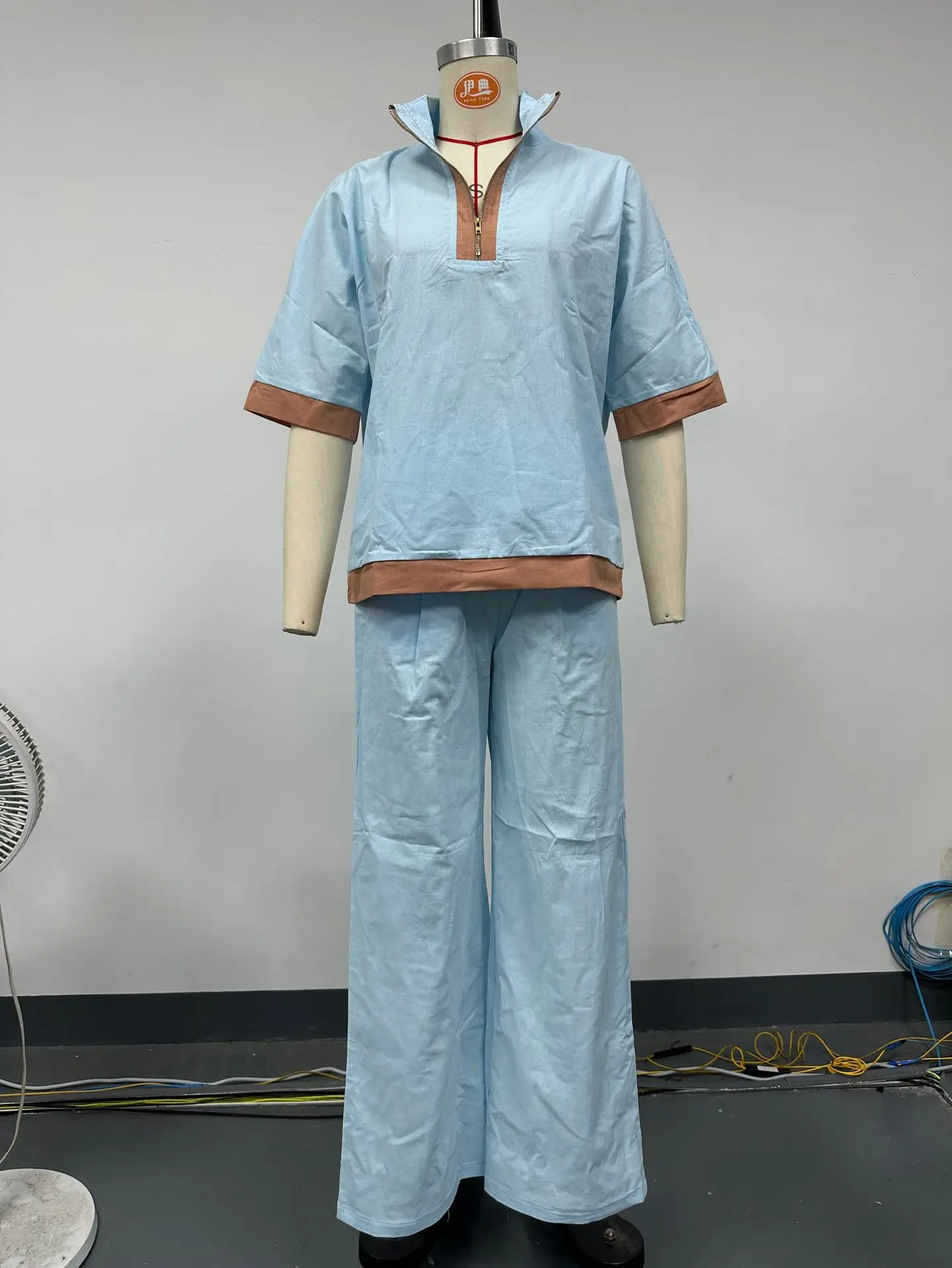 Vintage New Women Loose Two-piece Set 2026 Spring Summer Casual Half Sleeve Zip Top+Wide Leg Pants Fashion Holiday Party Suits