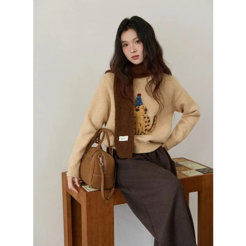 Women's Korean Style Autumn Winter Thick Knit Sweater Cute Dog Jacquard Loose Casual Pullover