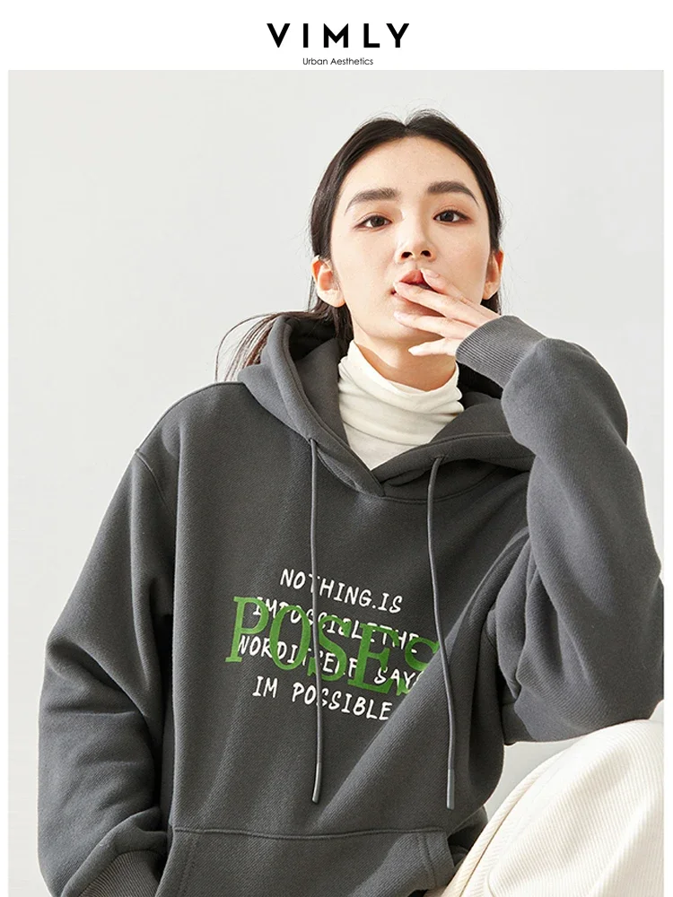 Vimly Grey Cotton Hooded Sweatshirt 2023 Winter Thick Warm Long Drop Sleeve Pullovers Casual Loose Letter Printed Tops M5596