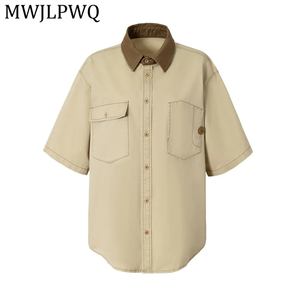 

MWJLPWQ Модная рабочая одежда в уличном стиле, мужская рубашка с короткими рукавами, стильный дизайн, карманы, контрастная строчка, повседневные топы с лацканами 13572