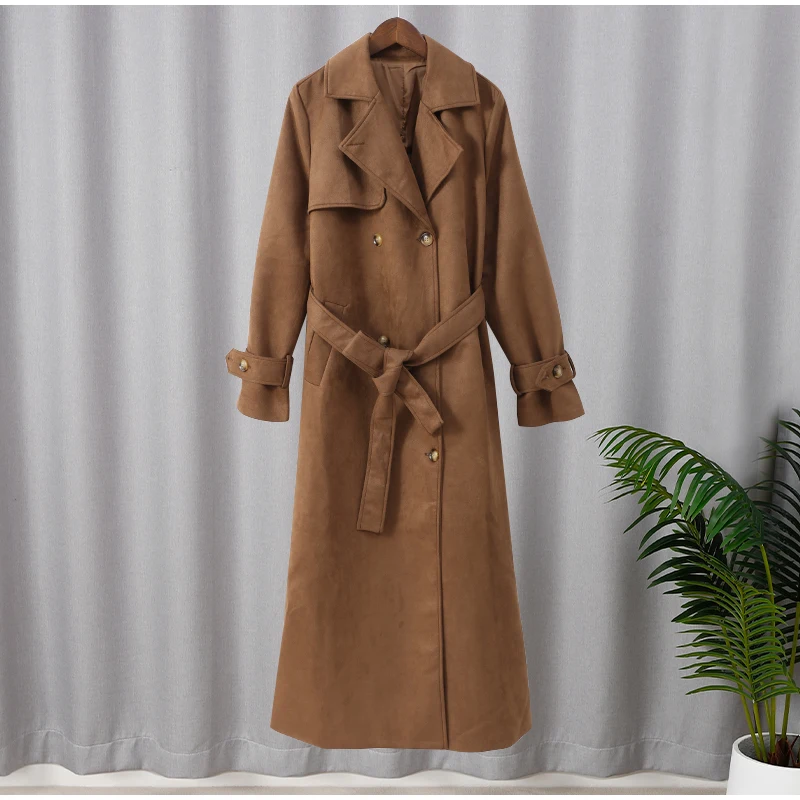 Elegant Suede Leather Long Windbreaker Coat Women Chic Lapel Double Button Oversize Jacket 2024 Autumn Lady Outwear Streetwear