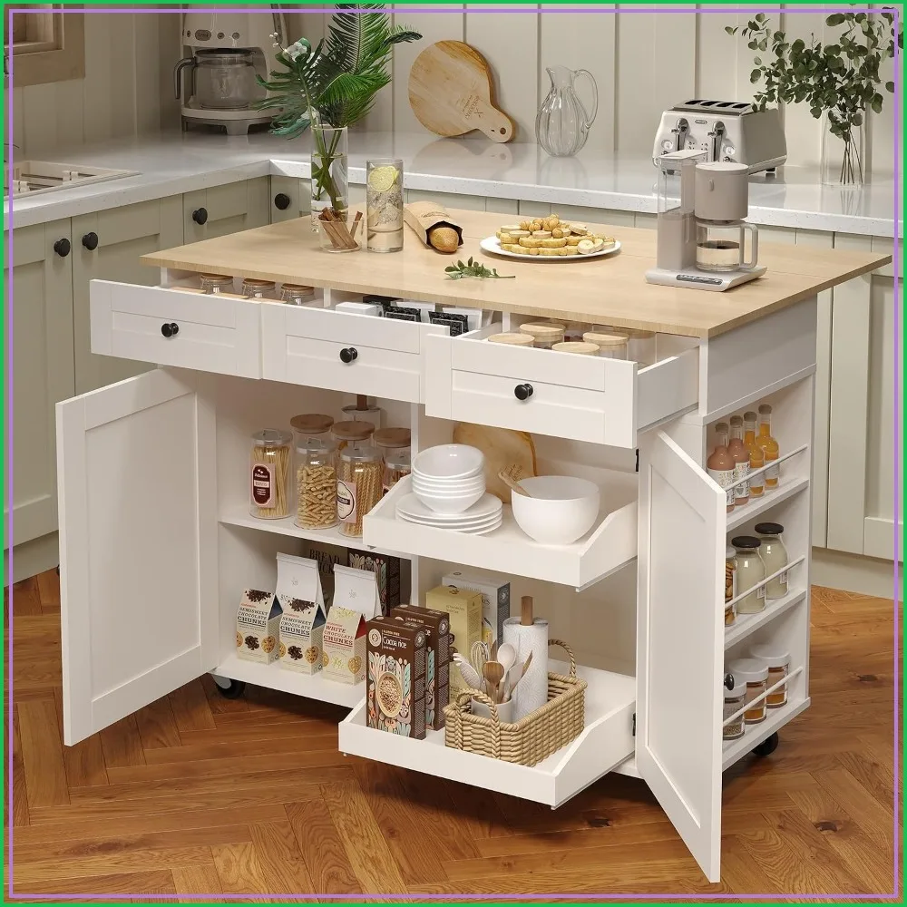 Rolling Kitchen Island with Drop Leaf Top, Charging Station, Storage Cart, 47.2 in, Wheels