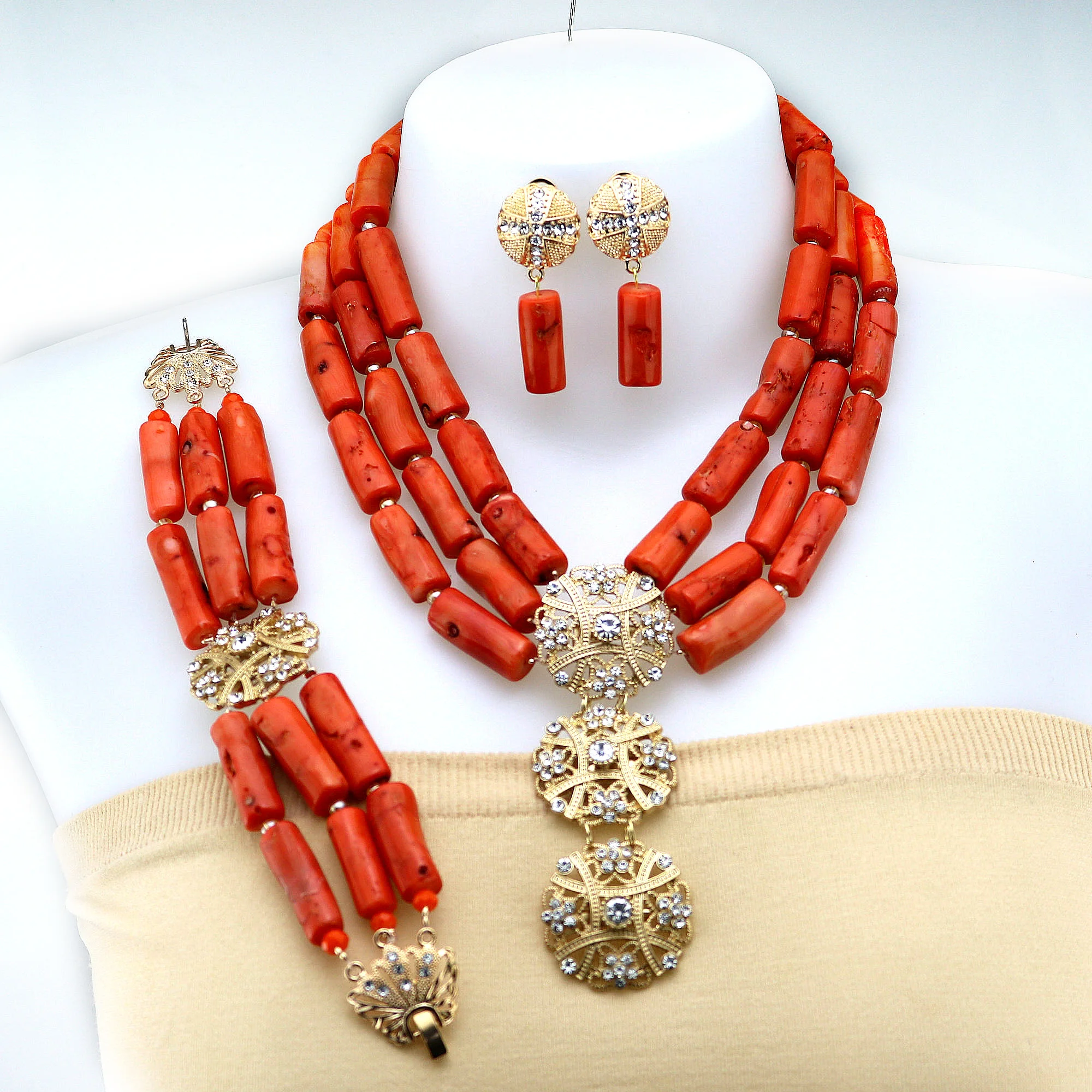 

Traditional Nigerian Wedding Natural Coral Beads Bridal Jewelry Sets African Beads Jewelry Necklace Set For Party