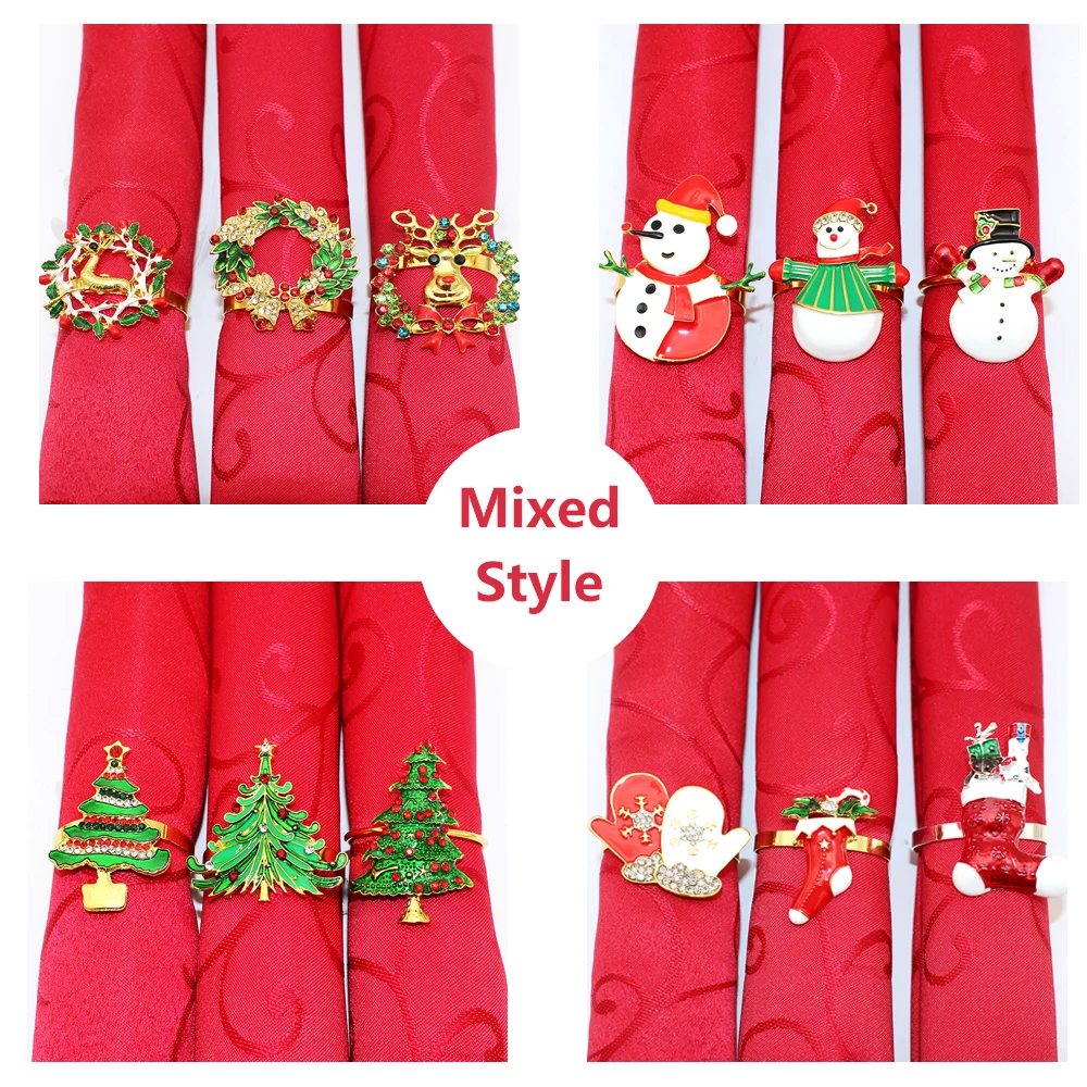 

6 шт., рождественские кольца для салфеток, венок со стразами, рождественская елка, перчатки, носки, держатели для салфеток в виде снеговика на Новый год, свадебная вечеринка, декор стола