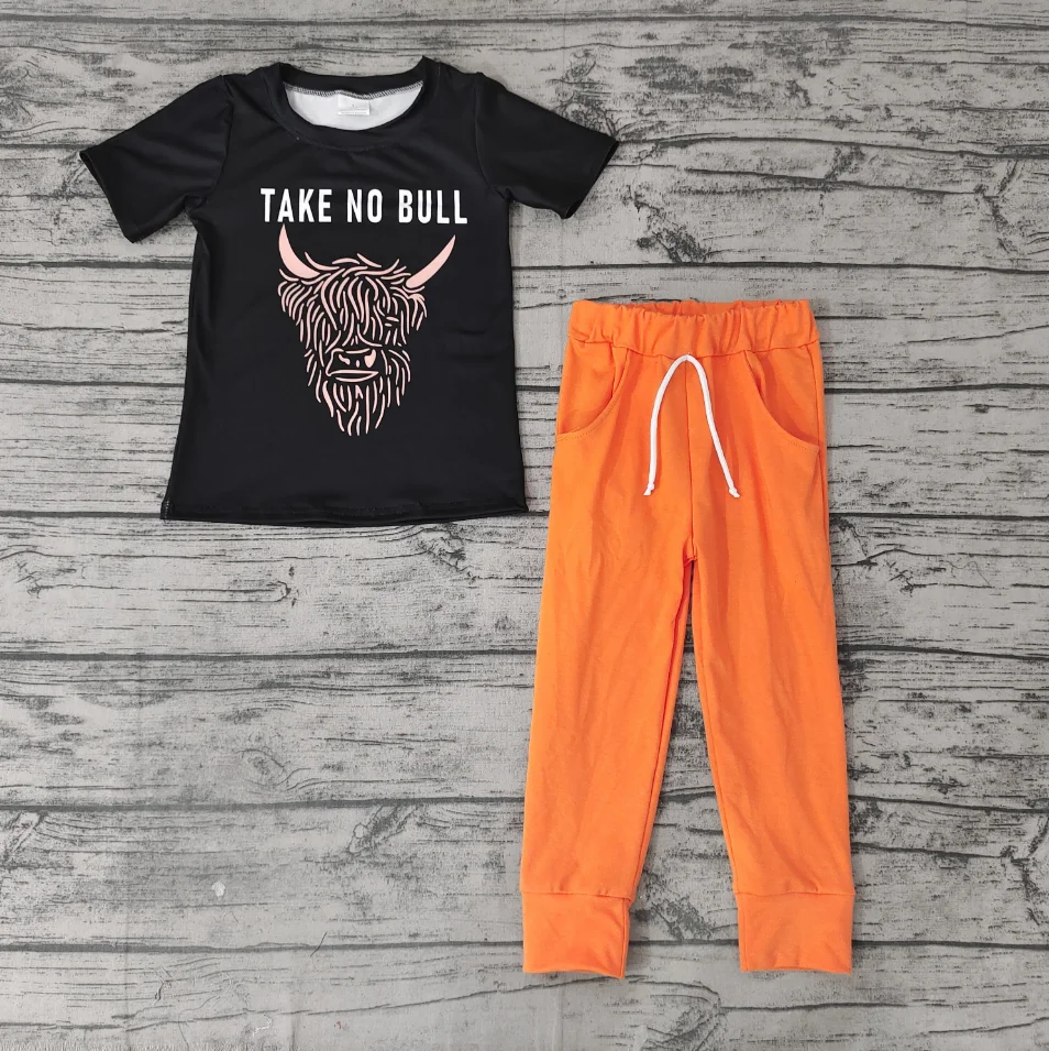 Wholesale Baby Boy Clothes Kids Short Sleeves Cow Black Shirt Tee Set Toddler Outfit Children Pockets Orange Pants Clothing