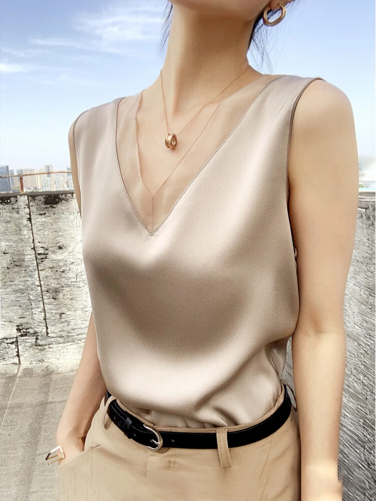 

2023 Fashion Summer Elegant Solid Color Women Shirts Black Vintage Sleeveless Office Faux Satin Silk Basic Blouses Woman