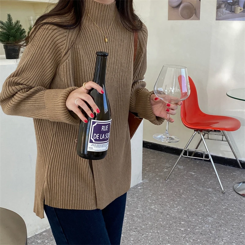 

Woman High-End Long Sleeve Knitted Sweaters Korean Street Vintage Women Clothes 2025 Side Split Turtleneck Sweater Pullovers