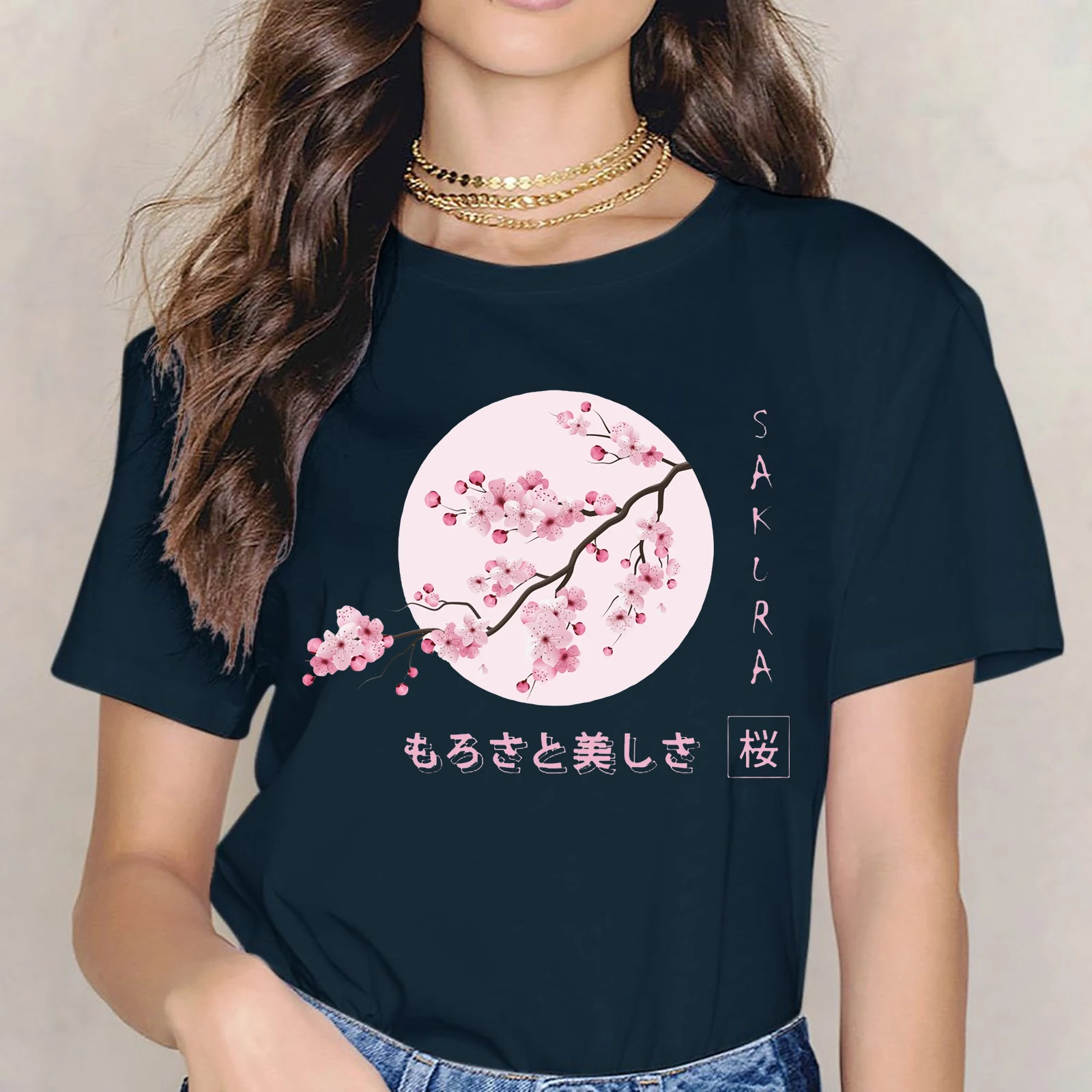 FLC 100% Cotton Fashion Sakura Cherry Blossom Japanese Art Clothing Gift Women Short Sleeve T-Shirt Oversized Casual Printed Tee