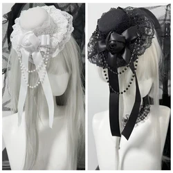 Black/White Lolita Headdress Retro Lolita Gothic Rose Chain Bow Lace Gift Top Hat Elegant Headband Y2K Hair Accessaries