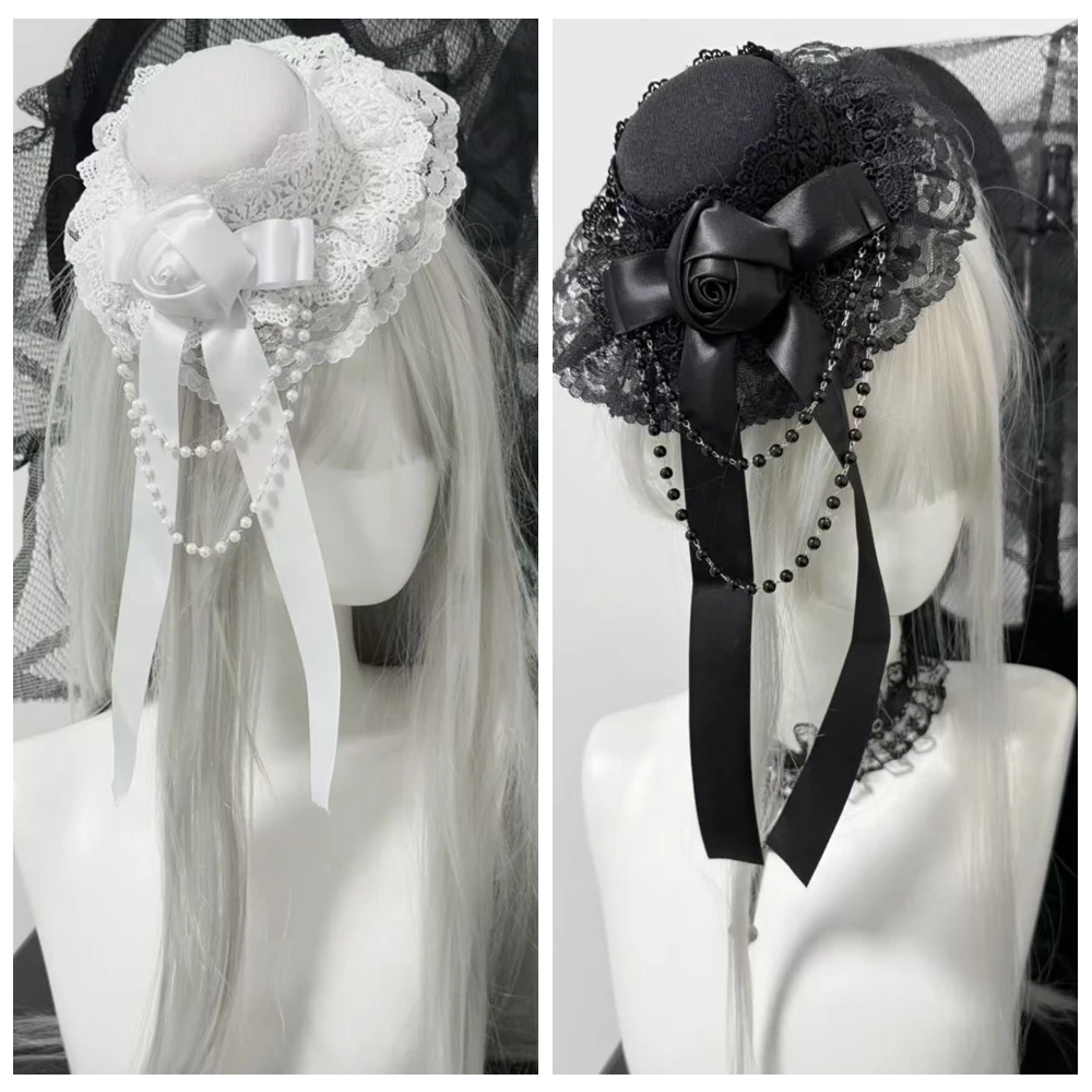 Czarno-biały nakrycie głowy Lolita Retro Lolita Gothic Rose Chain Bow Lace Gift Top Hat Elegancka opaska na głowę Y2K Akcesoria do włosów