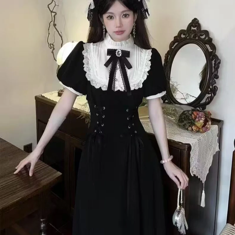 Japanese Gothic Y2K Lolita Style Dresses Women Kawaii Lace Patchwork Bandage Long Dress Girls Vintage Black A Line Party Dresses