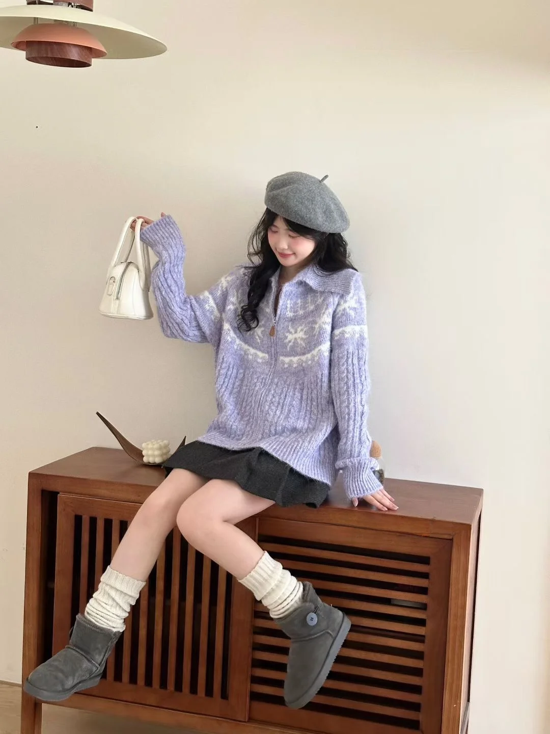 

Soft Cozy Alpaca Wool Fair Isle Knit Zipper Closure Leather Collar Sweater Jaet Korean Sle Loose Fit Warm Thi Outerwear