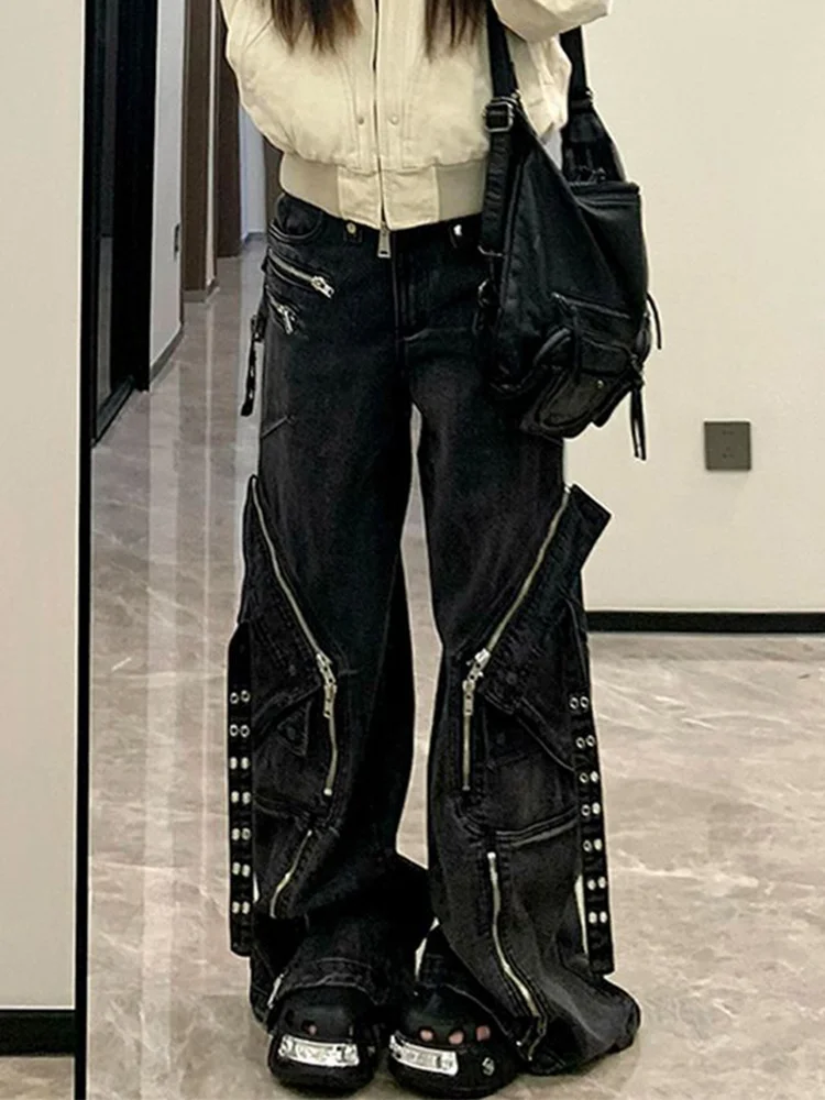 Celana Jeans Baggy Kargo Hitam Wanita Garis Y2K American High Street Harajuku Estetika Desain Vintage Celana Jeans Kaki Lebar Pakaian
