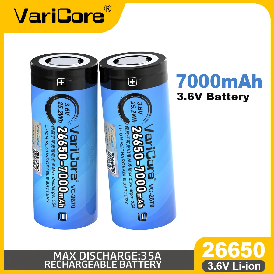 VariCore 26650 7000mAh 大容量 3.6V 35A 充電式リチウムイオン電池、Vaping Mod、懐中電灯、モバイル電源用