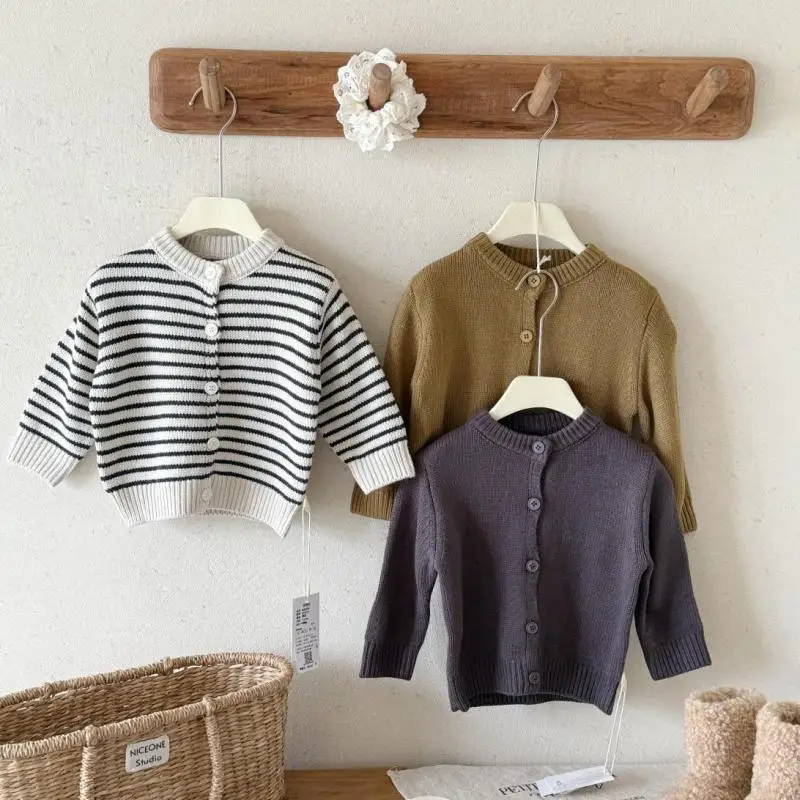 الرضع الفتيات سترة معطف طويل الأكمام الفتيان عادية مخطط تريكو ملابس الطفل 2025 الخريف جديد الأطفال سترة مشغولة من الصوف القطن #1