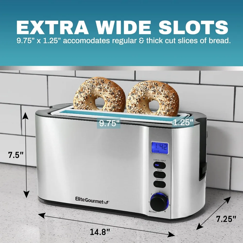 Long Slot 4 Slice Toaster, Temporizador de contagem regressiva, 6 Toast Setting, Descongelar, Cancelar Função, Built-in Warming Rack, Extra Wide Slots