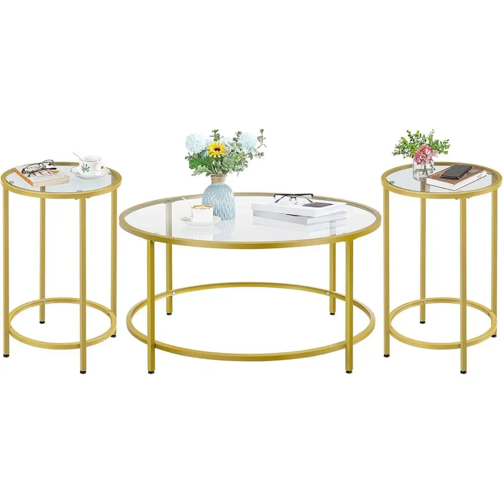 

3-Piece Coffee Table Set: Round Glass Top Table with 2 Accent End Tables for Living Room, Mustard Gold Finish