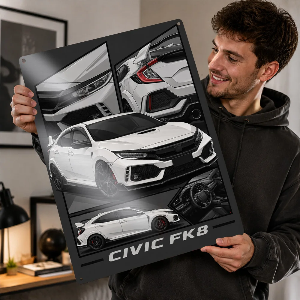 Japan Civic FK8 White Sports Car Textured Poster Customized Metal Tin Sign Speed Icon Tribute Wall Art For Garage And Man Cave